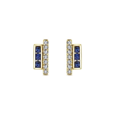 14K Yellow Gold Sapphire & Diamond Bar Stud Earrings